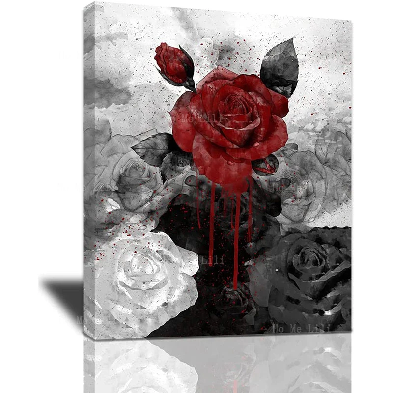 Canvas Wall Art Retro Black And White Red Rose Flower Ink Painting Print Modern Floral Artwork Poster For Living Room Decor