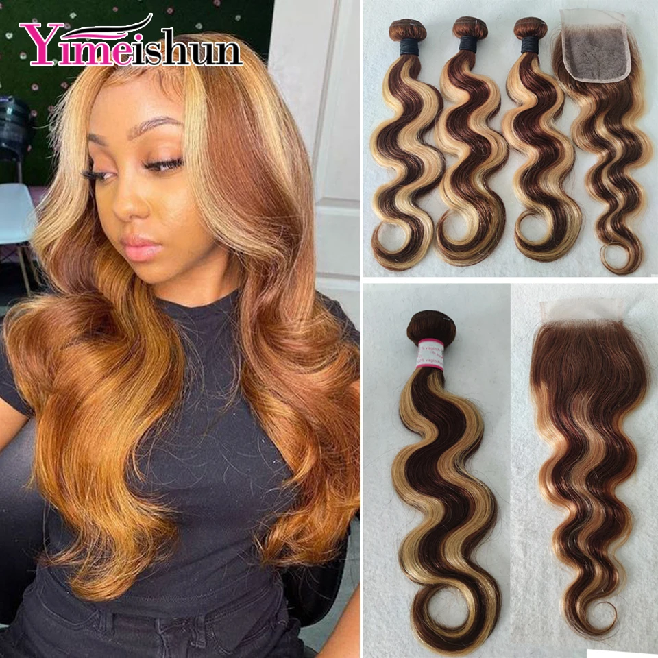 Highlight Body Wave Bundles With Closure Brazilian Human Hair Weave Bundles With Closure P4/27 Ombre Colored Remy Hair Yimeishun