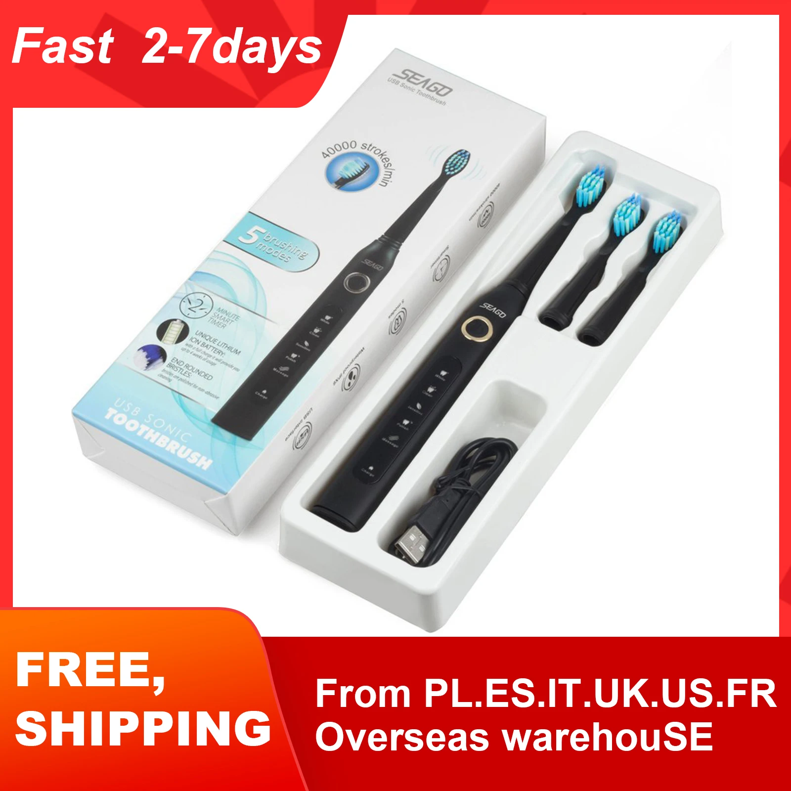 Seago SG-507 전동 칫솔 스마트 타이머 음파 브러시, 성인용 USB 충전식 방수 칫솔