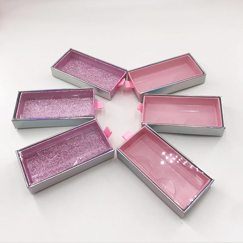 Slide Drawer Lashes Boxes Glitter Pink with Holographic Eyelash Packaging for 5D Mink Lash