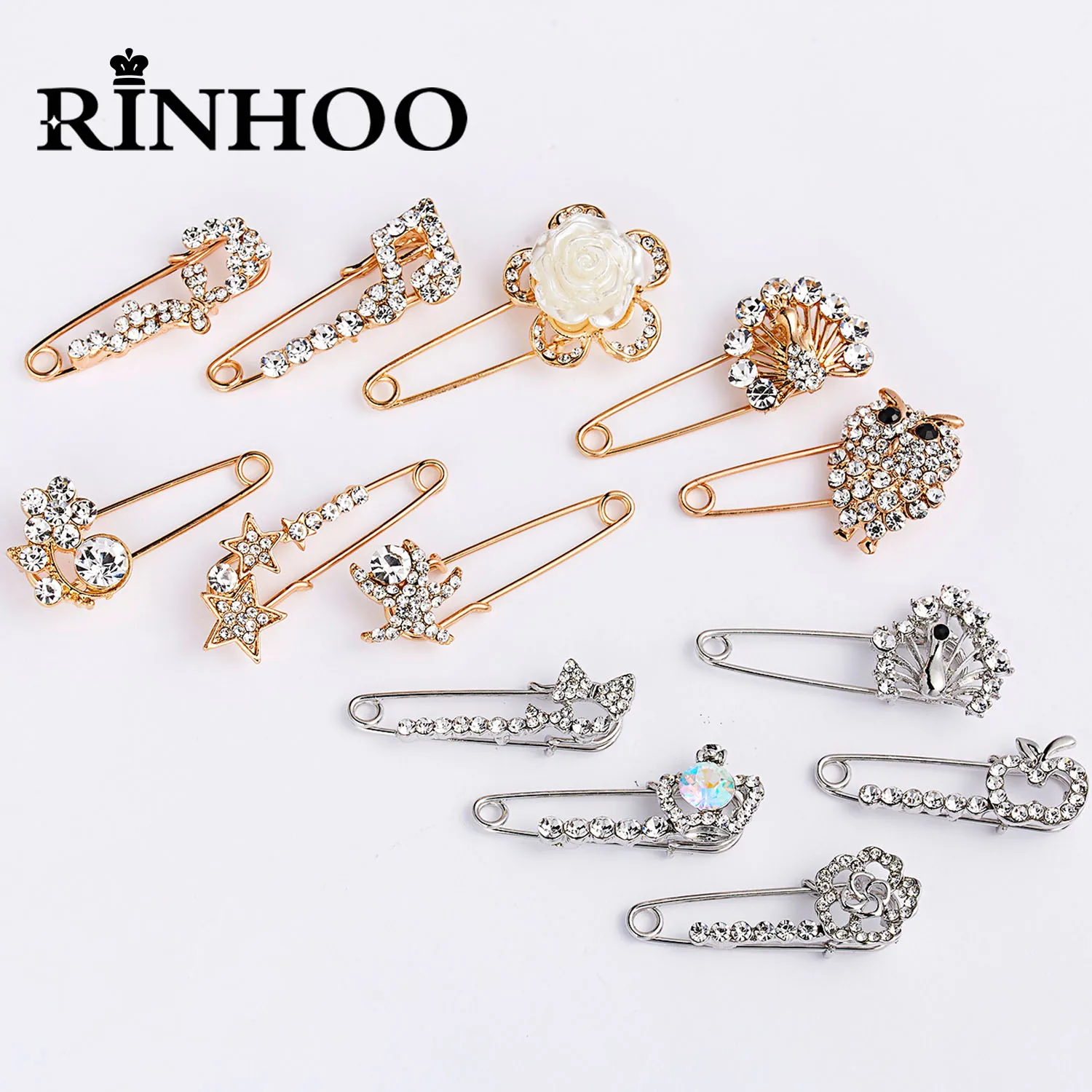 Rinhoo Luxury Fashion Rhinestone Flower Brooch for Women Elegant Bowknot Crown Owl Butterfly Heart Decoration Buckle Safety Pins