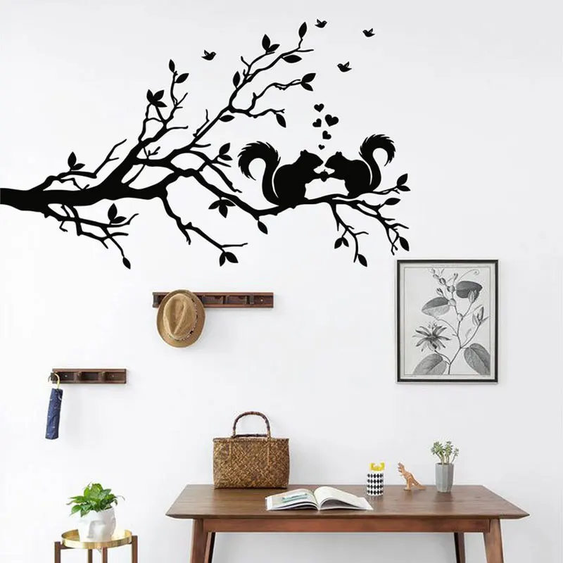 

Tree Wall Decals Floral Patterns Birds Squirrel Vinyl Sticker Nature Art Design Home Decor Living Room Bedroom Murals 3592