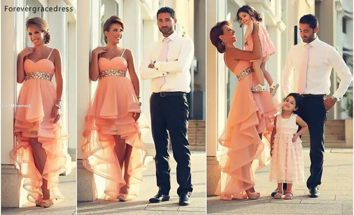 High Low Prom Dress Peach Color Spaghetti Strap Organza Beaded Party Gown