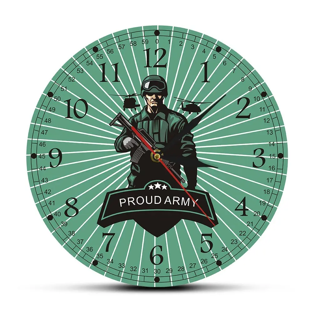 Army Combat Solider with Rifle Decorative Man Cave Wall Clock Proud Army Ready for War Military Weapon Wall Decor Wall Watch