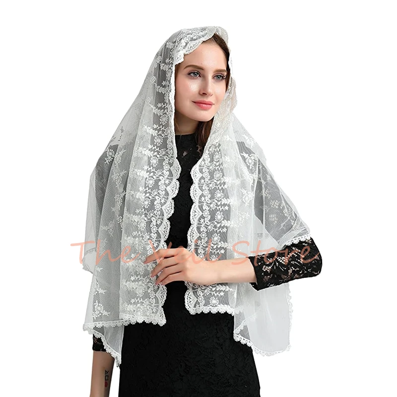 Mantilla Veils for Church Rectangle Long Cotton Embroidered Lace Women Head Covering Chapel Catholic Ivory Floral Wraps Mass