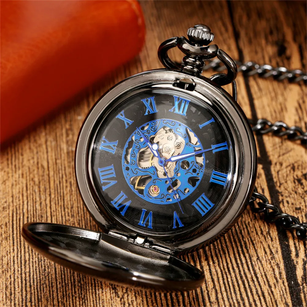 Smooth Black Mechanical Hand Winding Pocket Watch Half Hunter White Roman Numerals Cover Manual Mechanism Pendant Pocket Clock