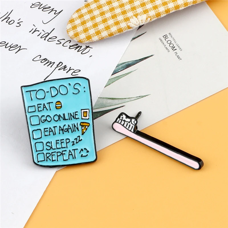 Toothbrush Schedule Enamel Pin TO DO List Badges Cartoon Cute Custom Brooches Lapel pins Clothes Denim Shirt Jewelry Sweet Gifts