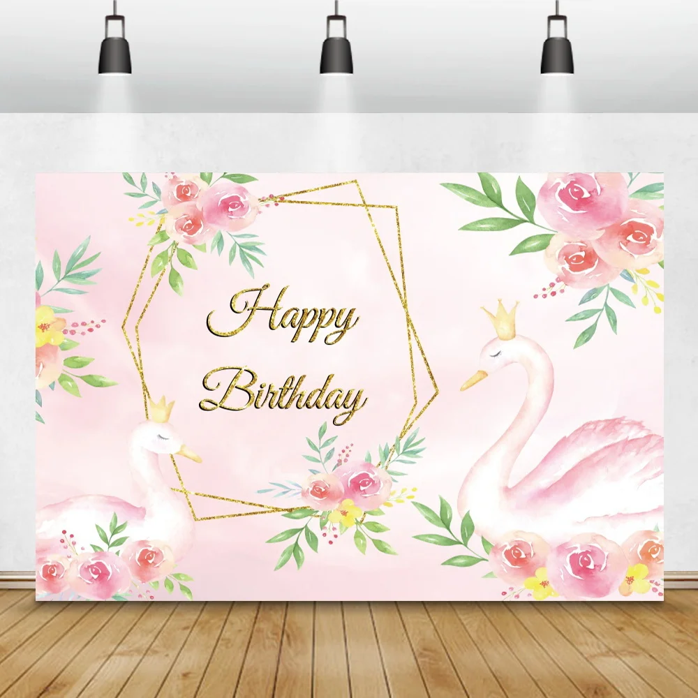 

Children's Birthday Party Pink Swan Photo Background Beautiful Flower Pattern Portrait Custom Poster Family Photography Backdrop