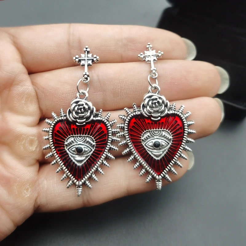 New Cross Occult Diablo Goth Piercing Drop Earrings Personality Rose Heart Oil Gothic Women\'s Earings Retro Hanging Jewellry