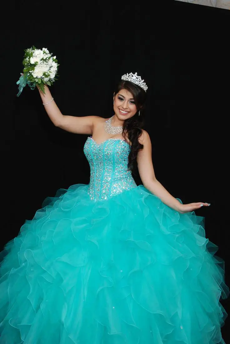 Sweetheart 16 księżniczka Quinceanera sukienki 2015 gorset suknie balowe z koralikami gorset turkusowy długi trajes de quinceaneras 2015