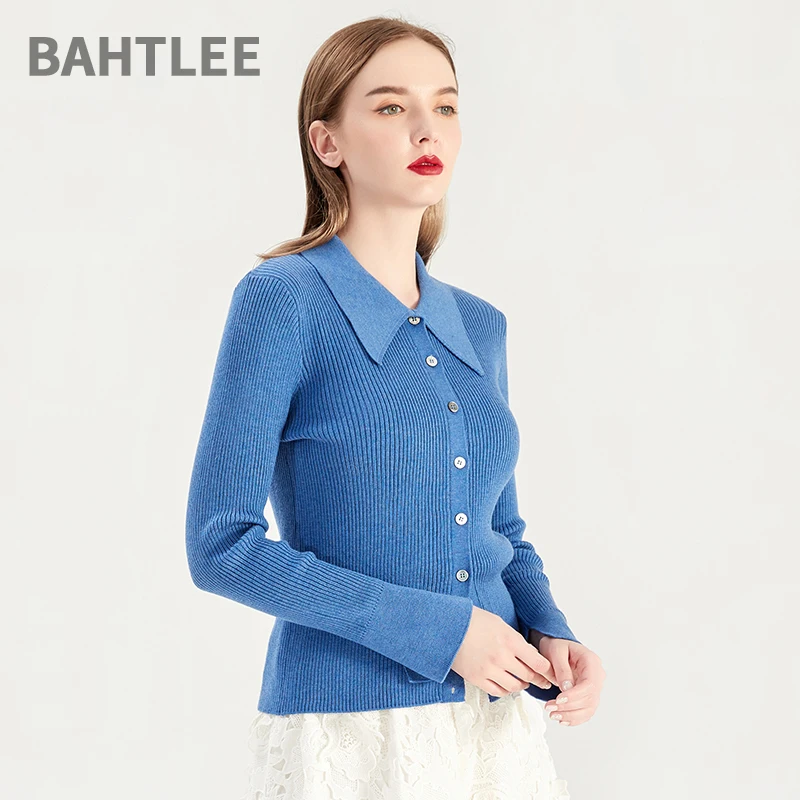 BAHTLEE-Knitted Cardigans for Women, Slim Wool Sweater, Single Breasted Jumper, Trun-Down Collar, Long Sleeves, High Elastic