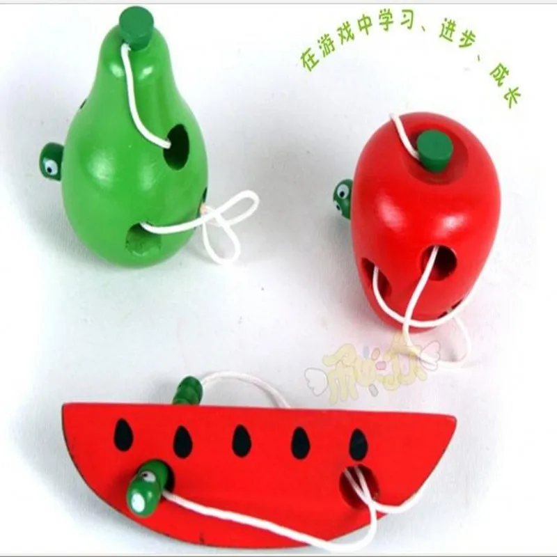 Montessori teaching aids baby worms eat the fruit puzzle wooden toy safety and environmental protection channeling rope toys