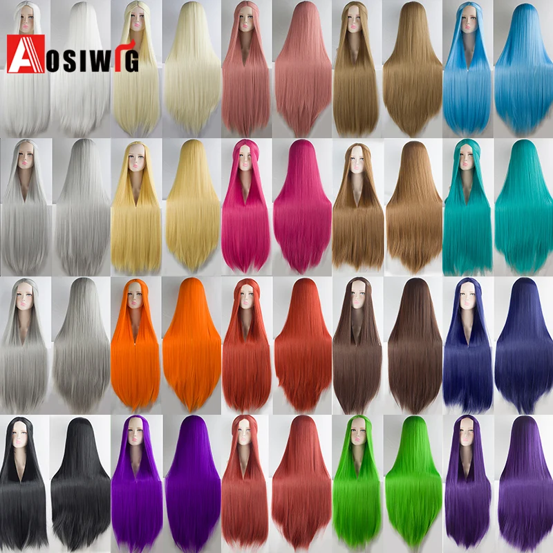 Aosi-peluca larga y recta de 100cm para mujer, pelo Natural con parte media, color negro y rosa, resistente al calor, para fiesta de disfraces,