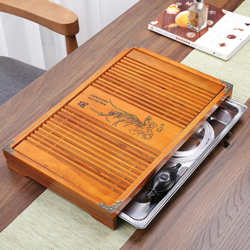 Wooden Tea Tray Kungfu Tea Tray 43X27cm Bottom Steel Tray Chinese Tea Tools