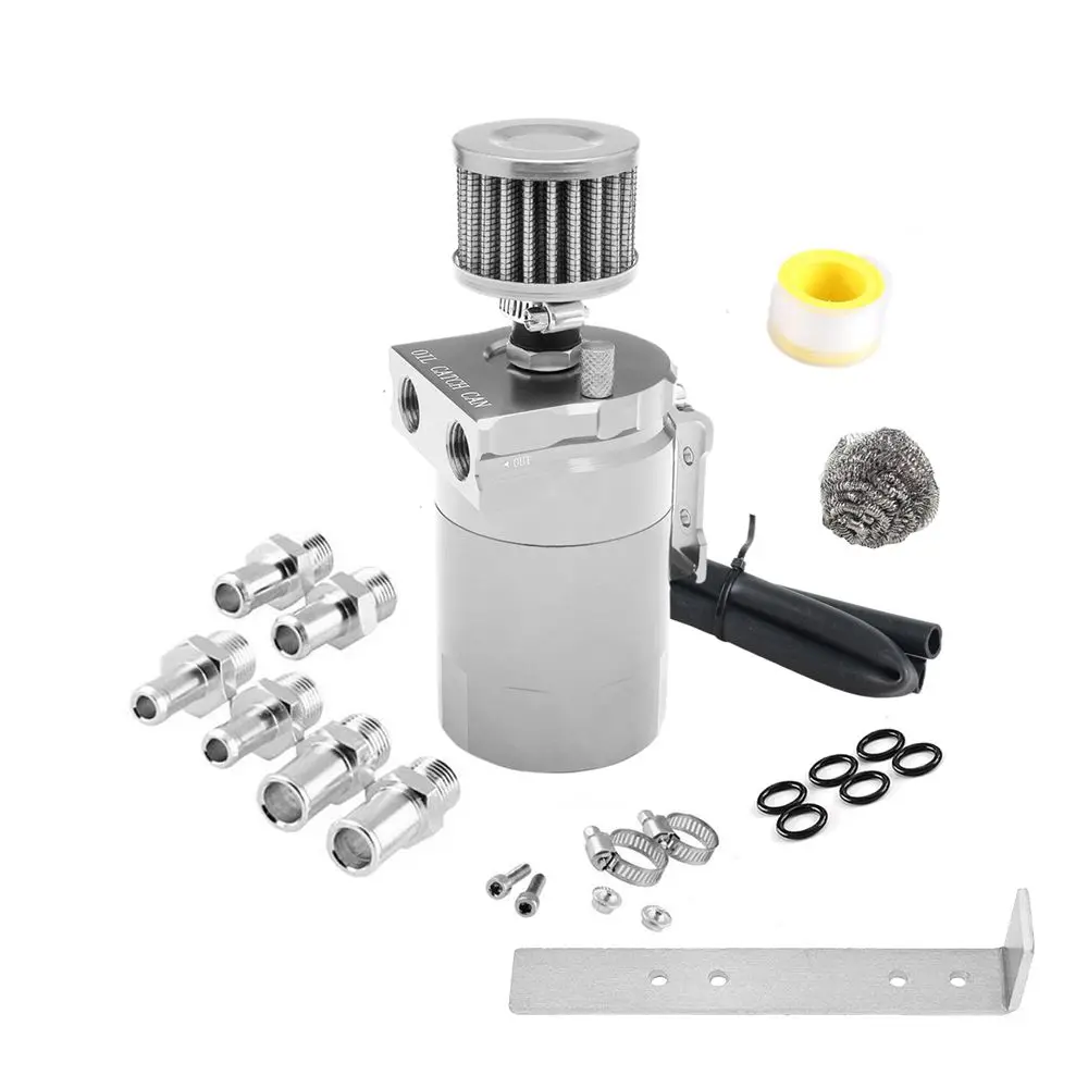 Auto Baffled Oil Catch Can Reservoir Tank met luchtfilter Ontluchter Baffled Aluminium fittingen Oliepeilstokgat Ademende waterkoker