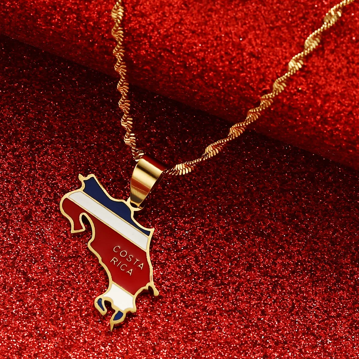 Stainless Steel Costa Rica Map Flag Charm Necklaces La Republica de Costa Rica Map Pendant Chain