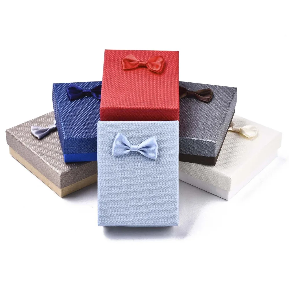 12pcs Cardboard Jewelry Boxes with Bowknot Ribbon Outside For Ring Necklace Bracelets Earring Gift Packaging Box Mixed Color