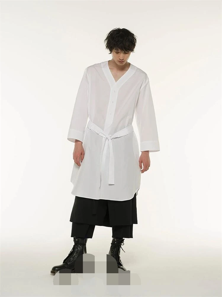 Men's New Hairdresser's Runway Street Long V-Neck Belt Shirt White Loose Casual Plus-Size Clothing