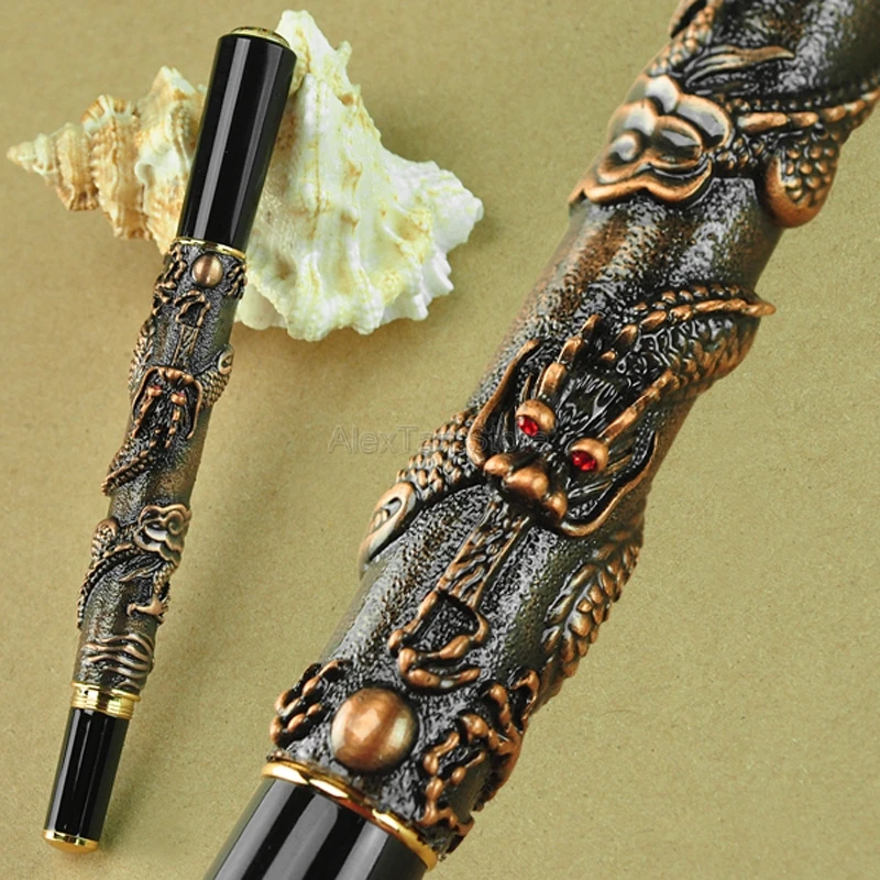 

Jinhao Portable Fountain Pen, Oriental Dragon Series Heavy Pen Iridium Fine Nib Red Copper Collection Business Gift Pen