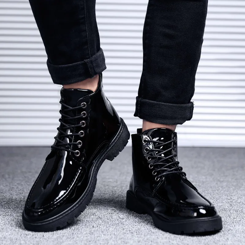 New Patent Leather Boots Men British Style Gothic Ankle Boots Punk Men Black Motorcycle Oxford Boots Thick Sole High Top Shoes