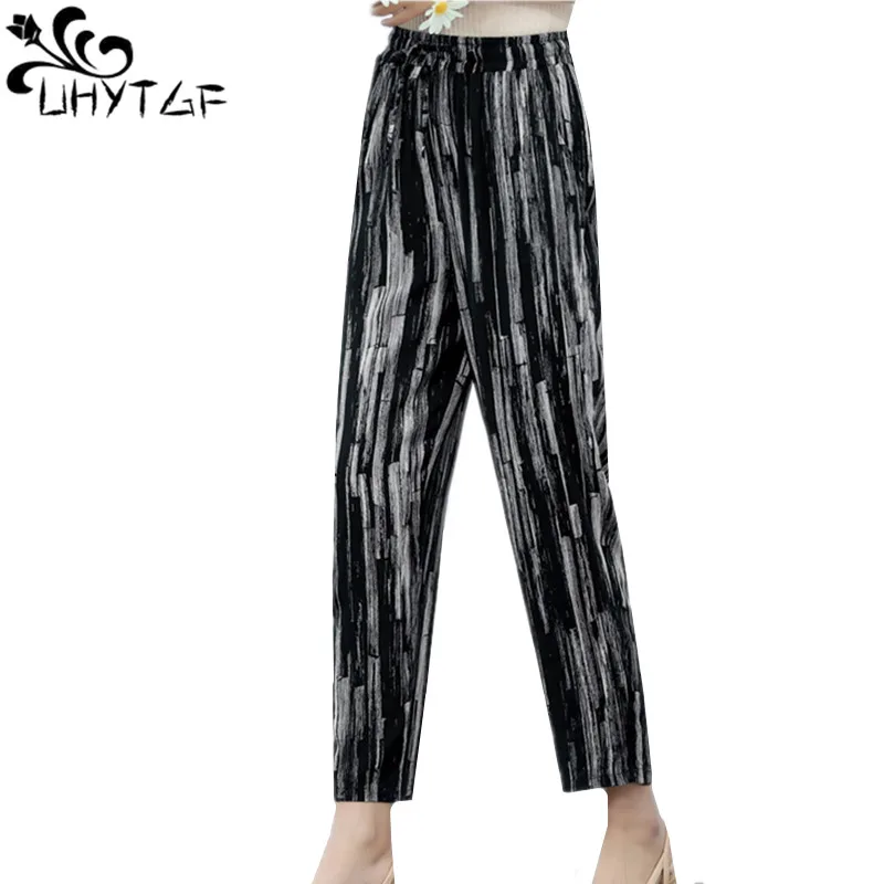 

UHYTGF Fashion Summer Pants Women Printing Cotton Silk Comfortable Big Size Trousers Female Straight Casual Thin Sweatpants 915