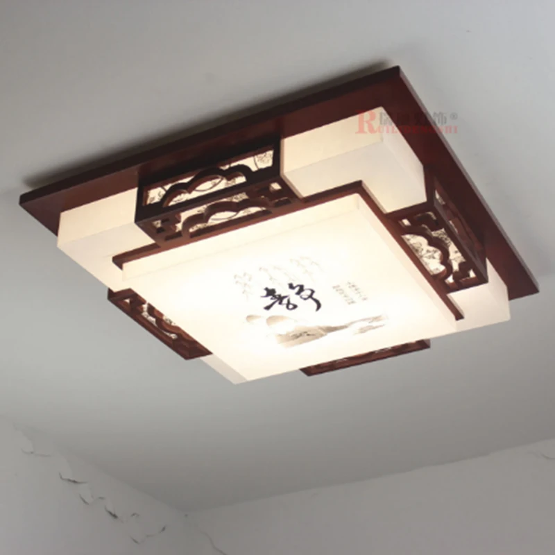 Chinese Brief Red Wood Ceiling Light for Living Room Home Decor Vintage White Acrylic LED Ceiling Lamp Energy Saving