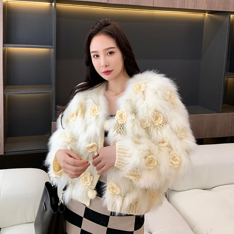 Women's Real Raccoon  Fur Knitted Sweater Vest 2021Japanese Style Female Fur coat Warm fall winter Cardigan fur sweaters