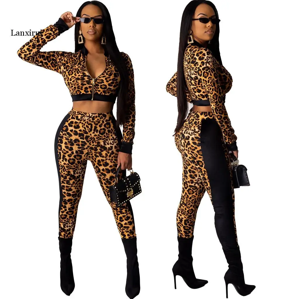 

Zipper Long Sleeves Leopard Print Crop Tops & Trousers New Autumn Women Suit Hot Style European and American 2 Piece Set