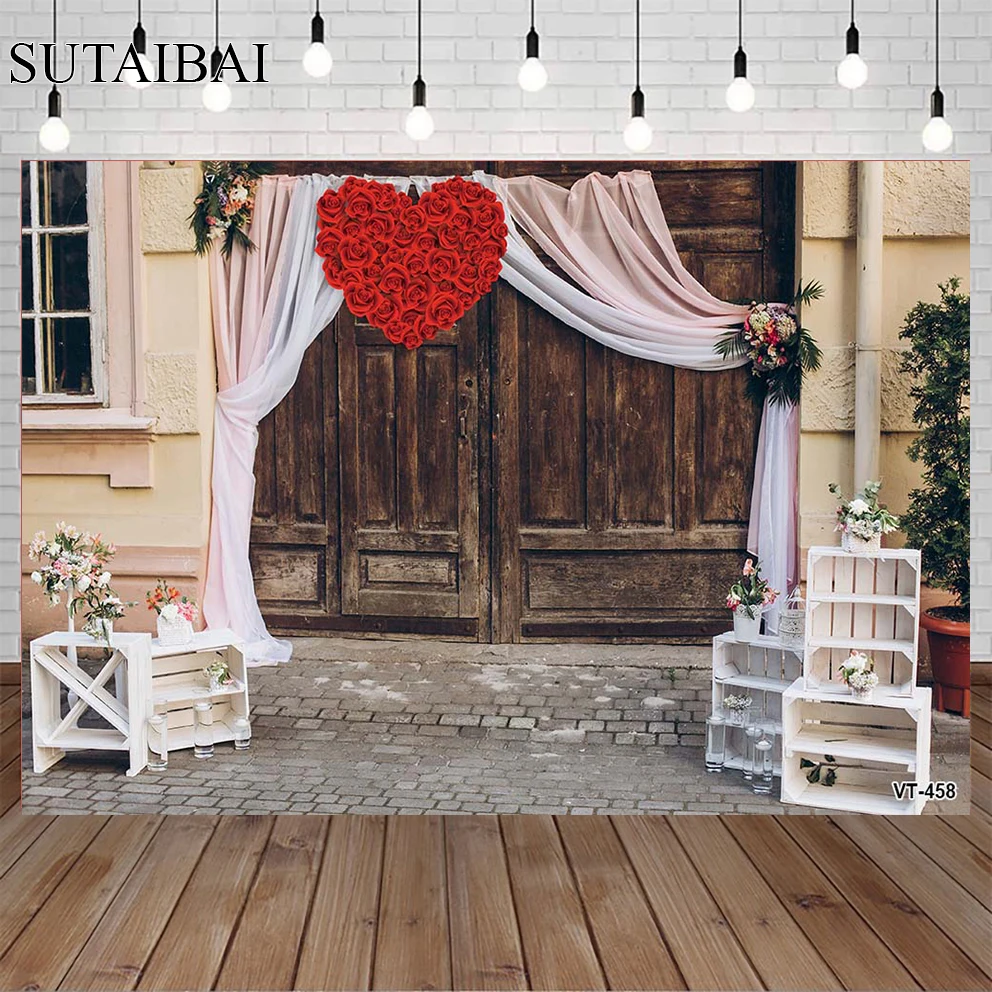 

Valentine Rustic Wooden Door Photography Background Red Rose Lover Portrait Bridal Shower Photography Backdrops for Photo Studio