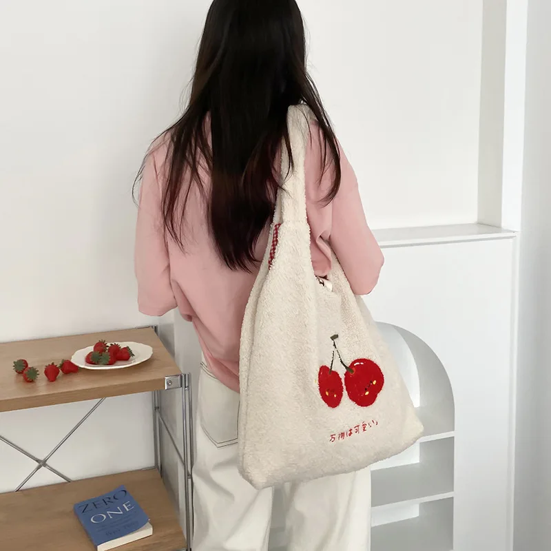 Women Plush Cherry Embroidery Tote Shoulder Bag Fluffy Canvas Handbags Lamb Like Fabric Large Shopping Bags Girls Cute Book Bag