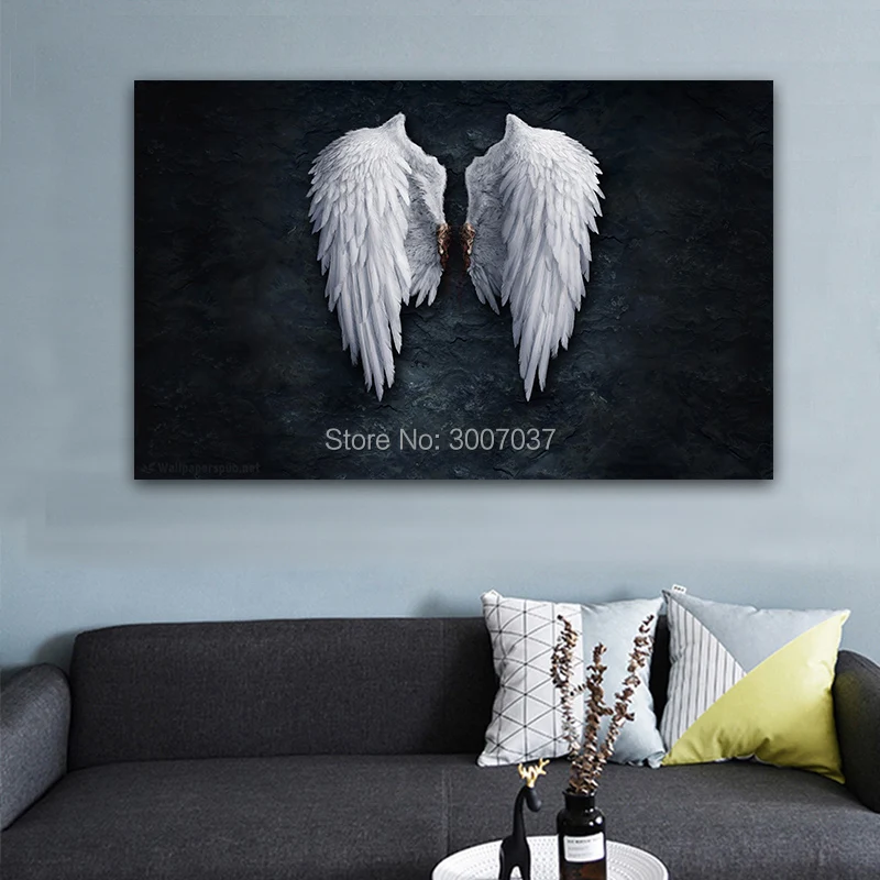 Hand Painted Black White Design Feather Angel Wings Art Oil Painting On Canvas Wall Pictures For Living Room Decoration