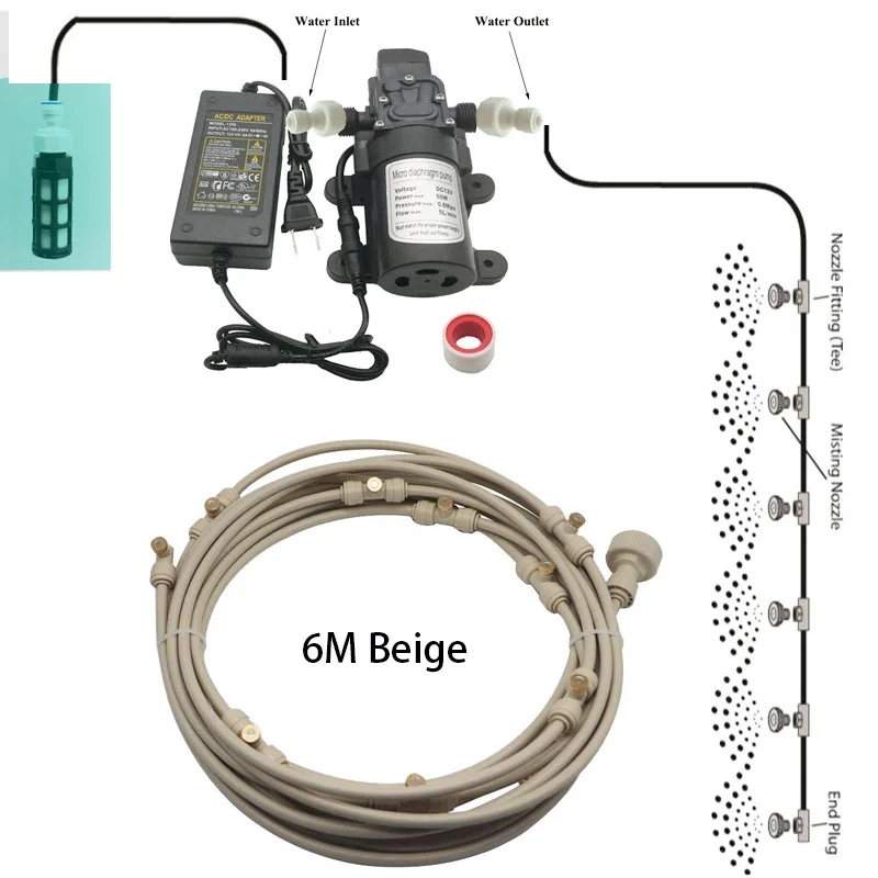 Misting Cooling System With Pump Filter Kit 20FT-60FT Mister Line Brass Nozzle 5L/Min For Outdooor Patio Porch Backyard