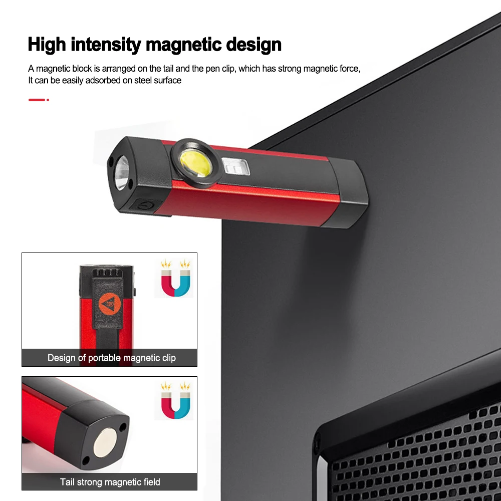 1200mAh COB+LED Strong Light White/Red/UV Flashlight USB Rechargeable 5-speed Work Light with Magnetic Inspection Torch