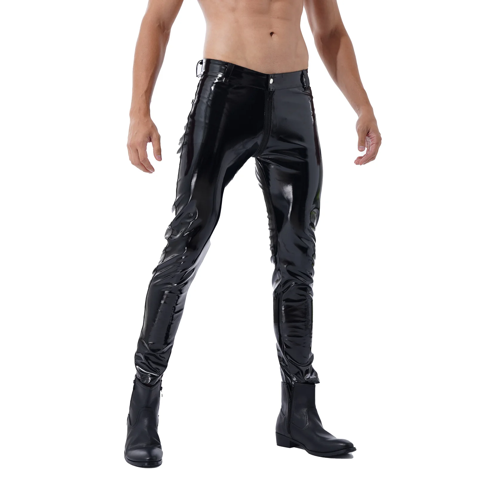 Moto Pants Leather Zipper Crotchless Pants Mens Clothing Fashion Wet Look Nightclub Performance Costumes Wet Look Trousers