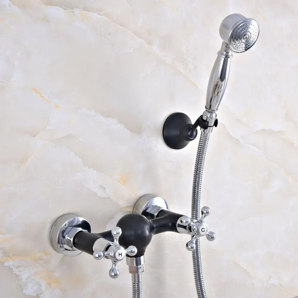 

Black Oil Rubbed & Chrome Brass Wall Mounted Bathtub Faucet with Handheld Shower Set +1500MM Hose Mixer Tap 2na640