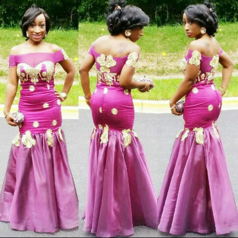 Nigerianischen Meerjungfrau Prom Kleid Gold Appliques Fuchsia Weg Von der Schulter Party Kleider Afrikanische Robe de soiree