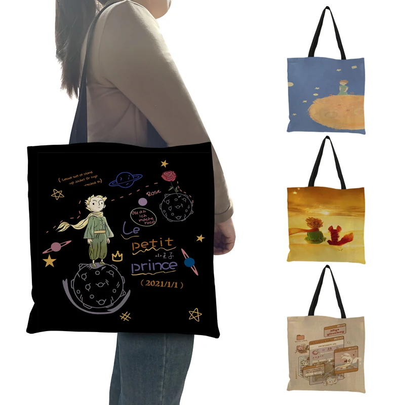 Women Shopping Bag Cartoon Le Petit Prince Fox Rose Print Ladies Shoulder Bag Handbags Reusable Grocery Shopper Tote Bags Gift