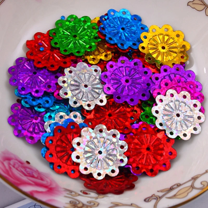 50Pcs 20mm Wheel Flower Loose Sequins Laser Mixed PVC Paillettes Sewing Wedding Craft, Kids DIY Lentejuelas Garment Accessory