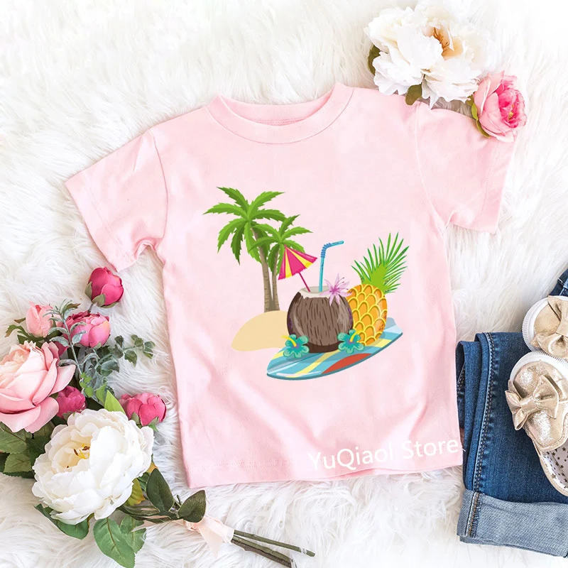 Funny Cartoon T Shirt Kids Clothes Surf Avocado Print Lovely Children 2021 Summer Top Pink Tshirt Baby Girls T-Shirt Graphic Tee