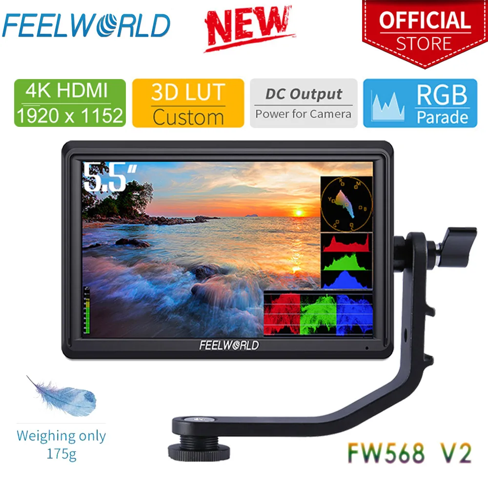 FEELWORLD FW568 V2 5.5 Inch 3D LUT DSLR Camera Field Monitor IPS Full HD1920x1152 Support HDMI Output With Tilt Arm  for Gimbal