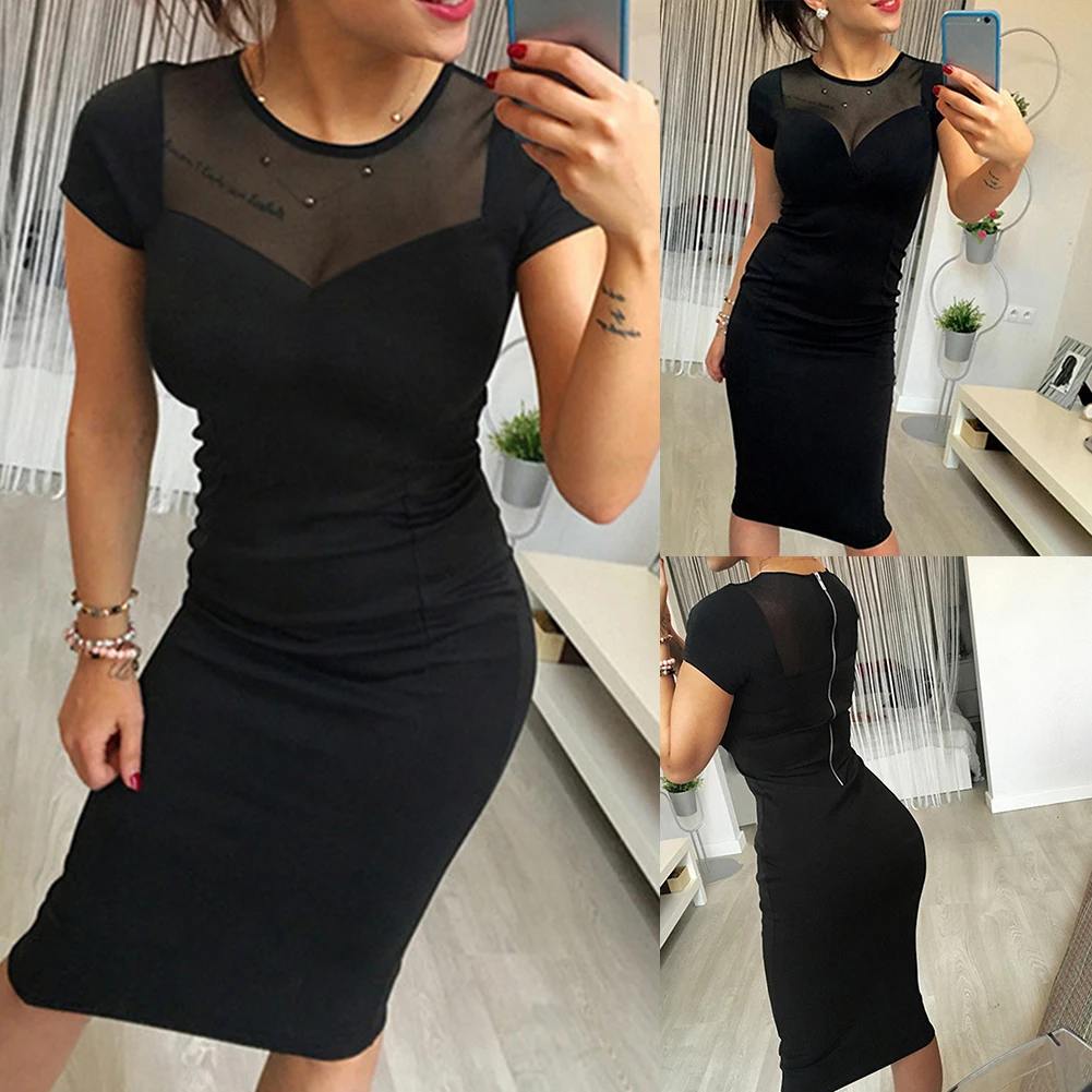 Sexy Black friday Lowest Price Sexy Women Short Sleeve Mesh Stitching See Through Bodycon Knee-length Xmas Dress Gift Female