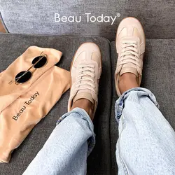 BeauToday Suede Sneakers kobiety syntetyczna skóra okrągłe Toe tenisówki na co dzień zasznurować damskie, patchworkowe buty płaskie Handmade 29801