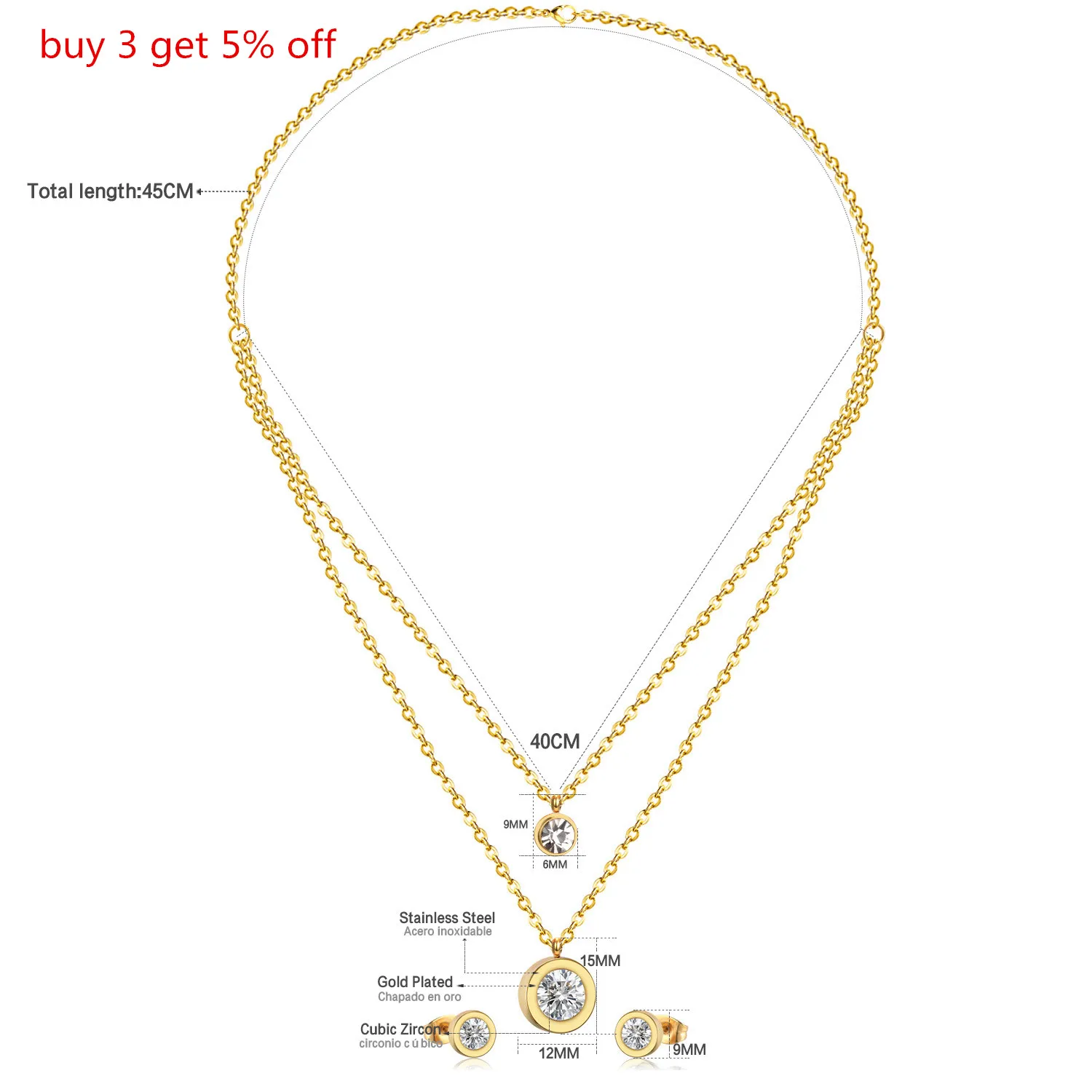 LUXUKISSKIDS Jewelry Set Stainless Steel Crystal Double Round Pendant Necklace Earring Wedding Dubai Jewelry Set For Women Girls