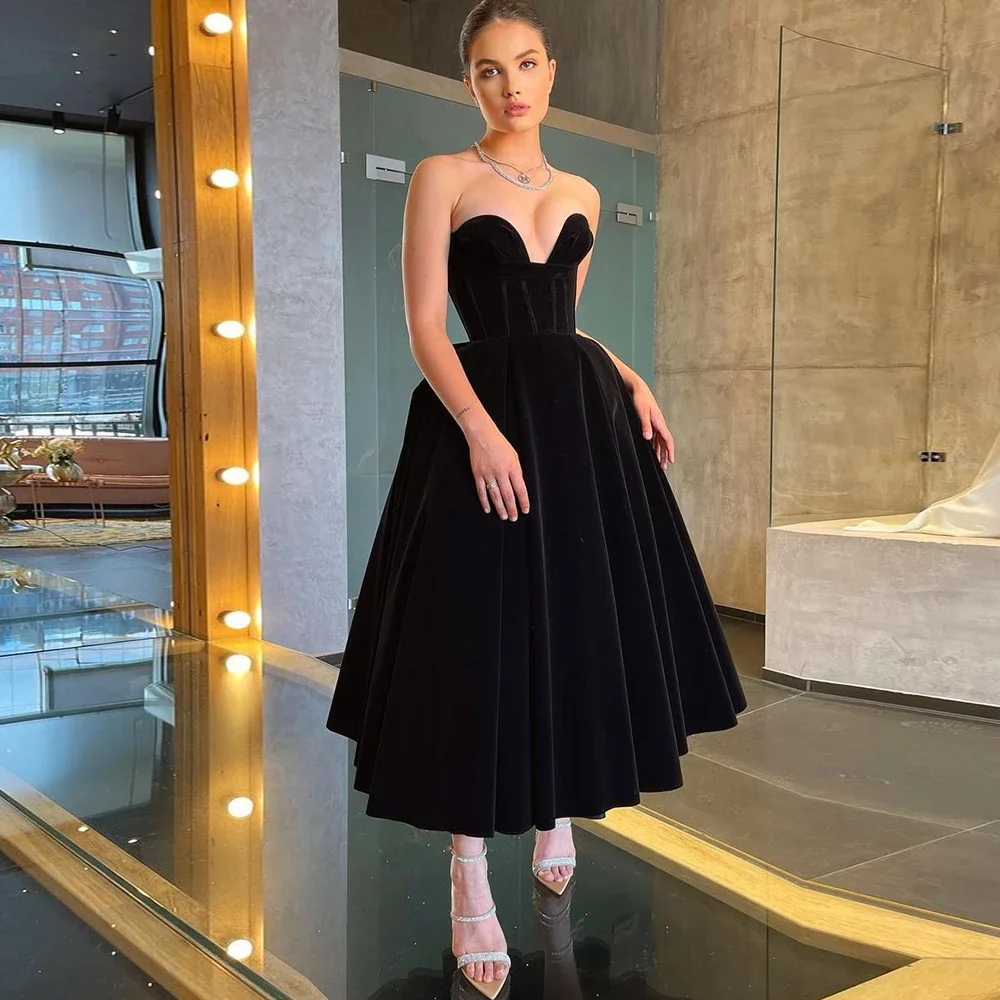 

Black Velour Elegant Evening Dress For Woman Sleeveless A Line Tea Length Prom Party Gown Sexy Velvet Robe De Soriee 2022