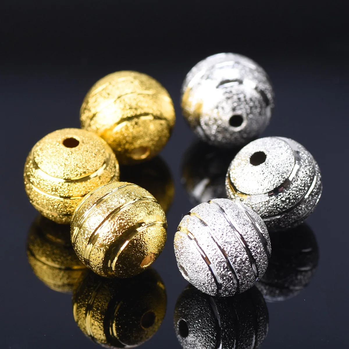 Plated Gold Color Silver Color Round 8mm 10mm Hollow Matte Circles Carved Brass Metal Loose Big Hole Beads For Jewelry Making