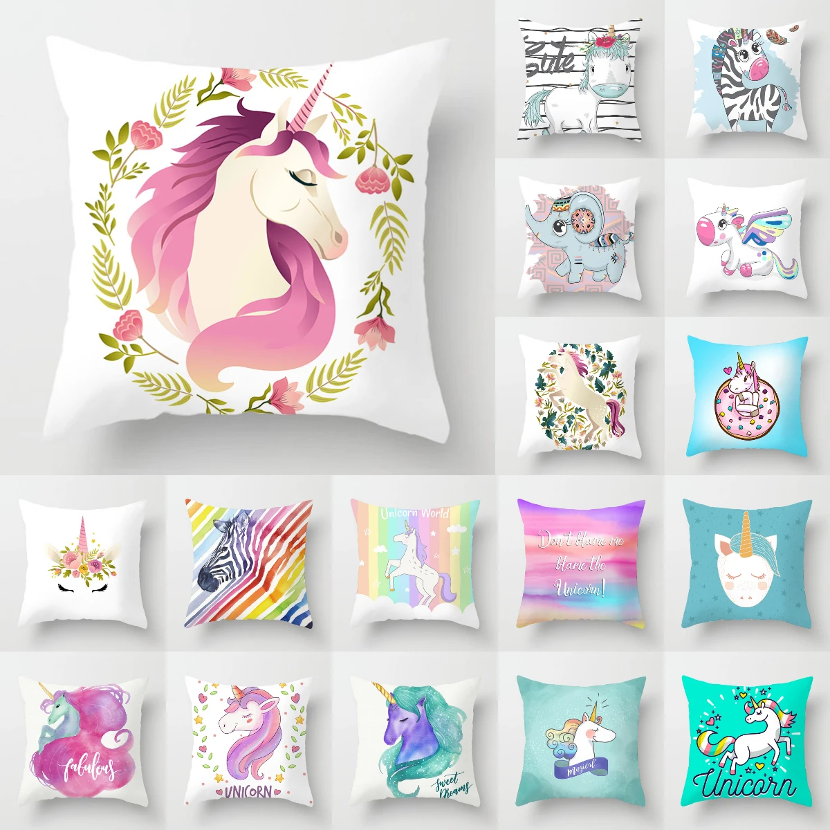 Hot sale Cartoon Unicorn Cushion Cover Modern Simple Polyester White Pillowcase Kid's Room Decorative Sofa Throw Pillows Cover