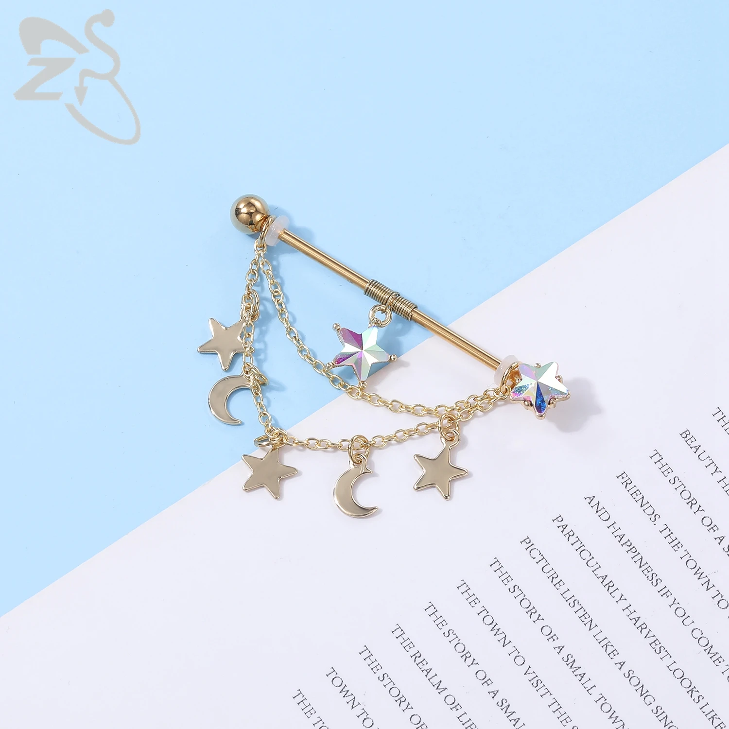 ZS 1PC 14G Industrial Barbell Chain for Women Stainless Steel Earring 38MM Gold Plated Tassel Ear Helix Tragus Piercings Jewelry