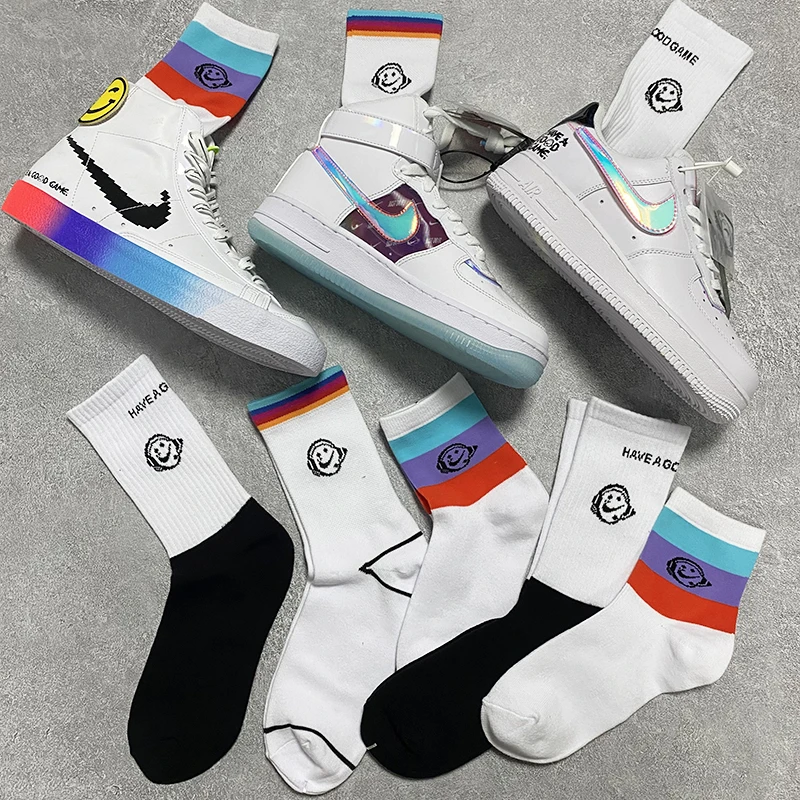 

Street Fashion Cotton Adult Middle Calf Crew Socks Blazer Laser Electronic Toy Have A Good Game Pioneer Pixel Smiling Smile Face