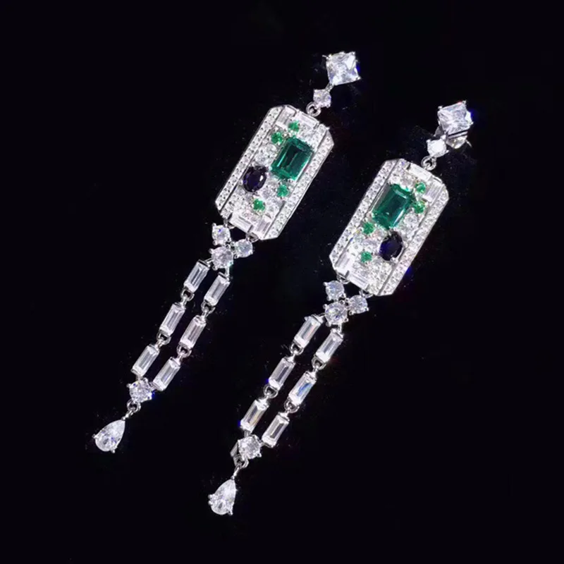 PT950 Platinum Plated Simulation Emerald Jewelry Sets Aesthetic ArtDeco Edwardian Women 2022 New Trendy Dangle Earrings Rings