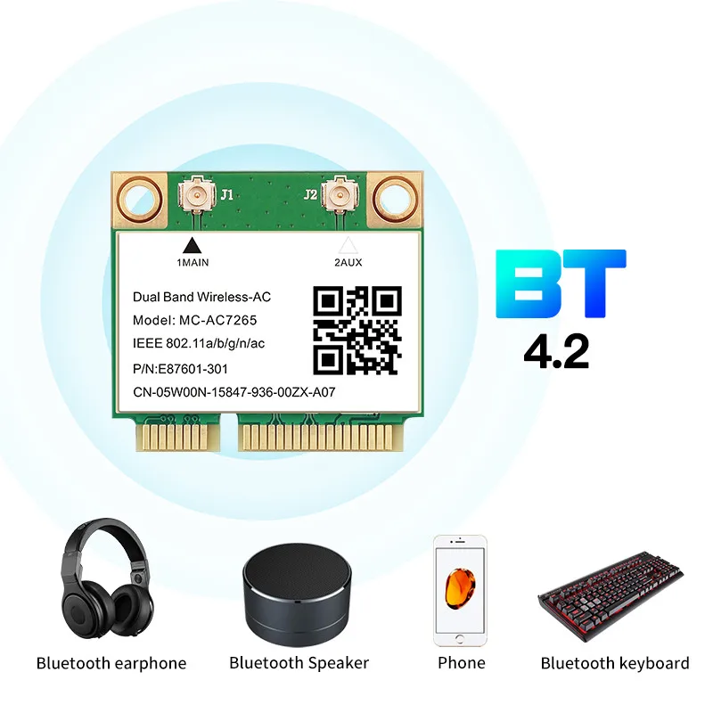 Carte réseau Wi-Fi avec puce MC-AC7265 pour ordinateur portable, 1200 Mbps, sans fil, demi Mini PCI-E Bluetooth 4.2, prend en charge le protocole